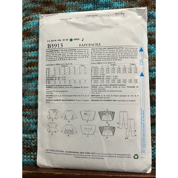 Butterick 5913 toddler girls top swallow tail hem leggings size 2 3 4 5 - Picture 3 of 7
